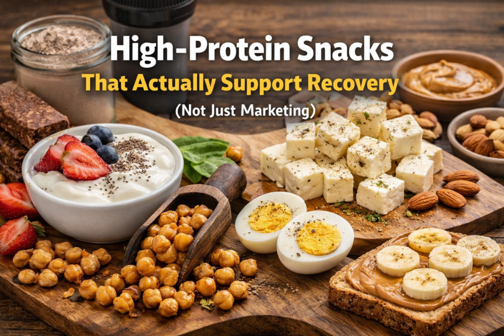 Healthy high protein snacks including Greek yogurt, roasted chickpeas, paneer, eggs and peanut butter toast arranged for fitness recovery nutrition