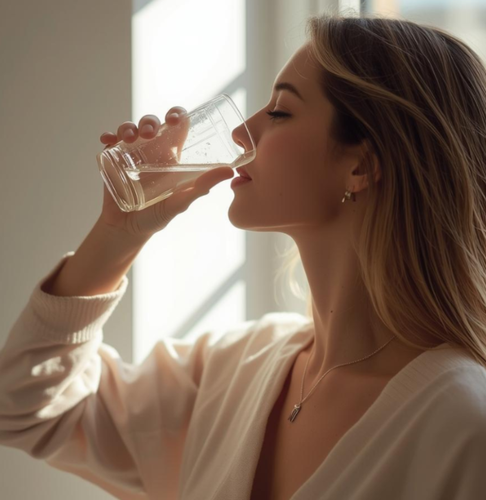 Person drinking water in the morning near a bright window for daily hydration and self-care.