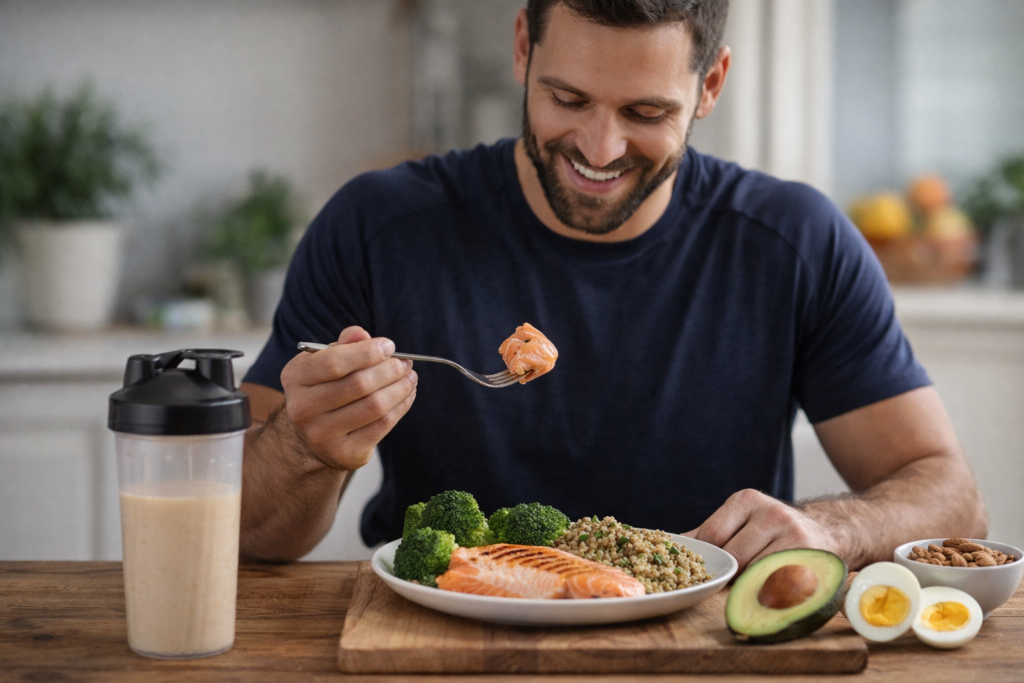 Man eating a healthy high protein meal with salmon, broccoli, quinoa, avocado and a protein shake for balanced nutrition