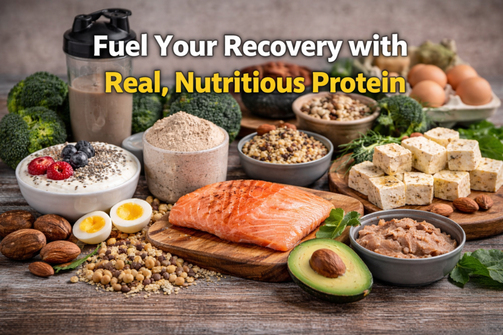 Variety of healthy high protein foods including salmon, yogurt, paneer, eggs, nuts and avocado arranged on a table for balanced nutrition