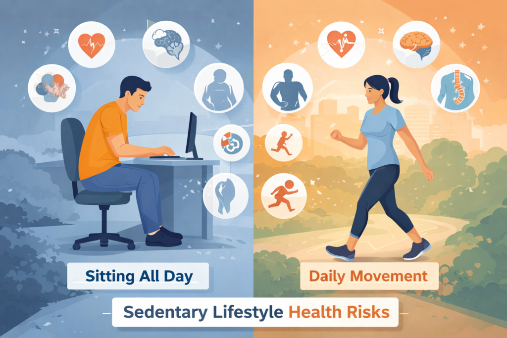 Sedentary lifestyle health risks illustrated by a man sitting at a desk contrasted with an active woman walking outdoors