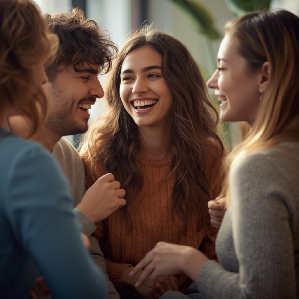 Friends and family talking and laughing together, showing positive social interaction and emotional wellbeing.