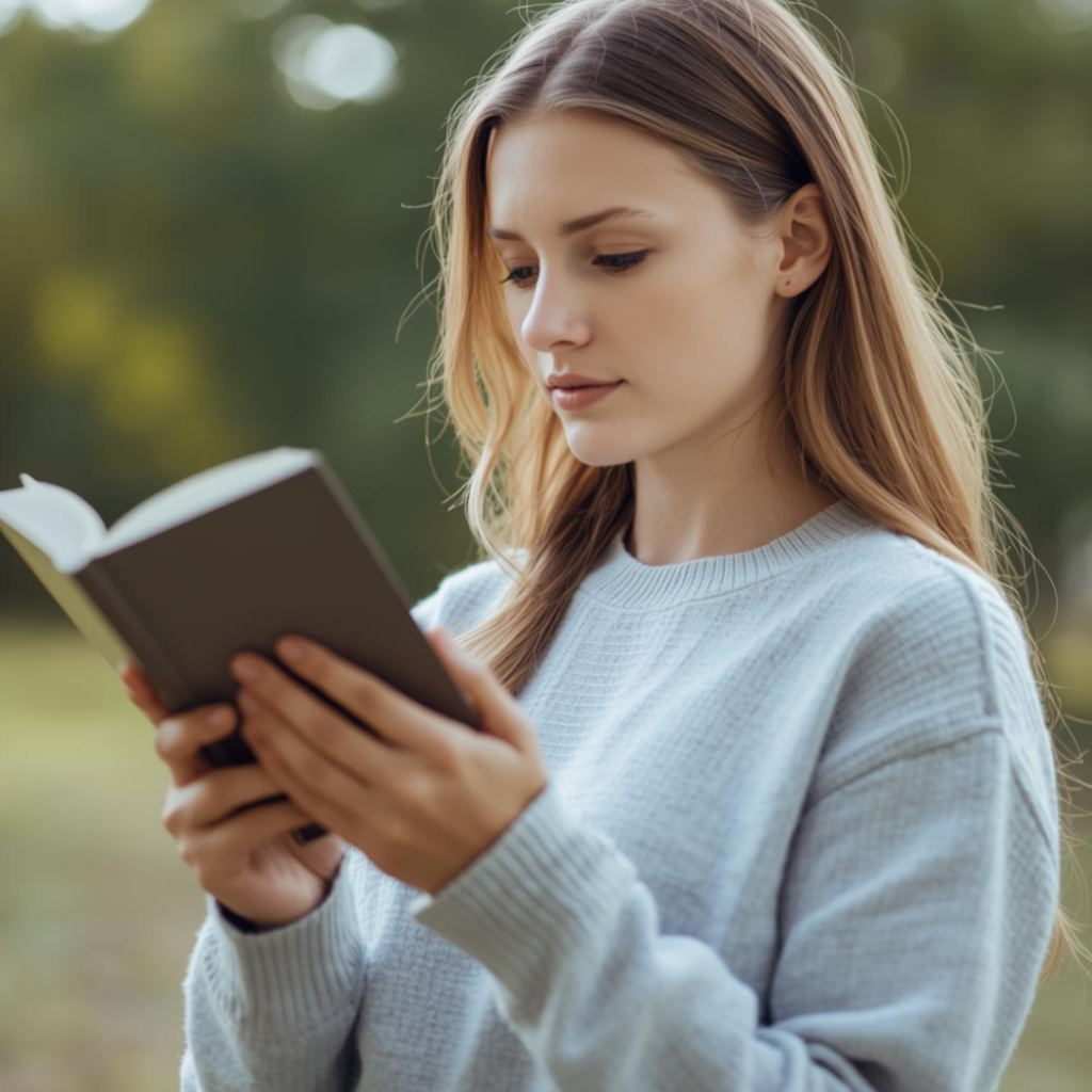 Person putting away a smartphone and reading a book in nature for digital detox and mindful self-care.