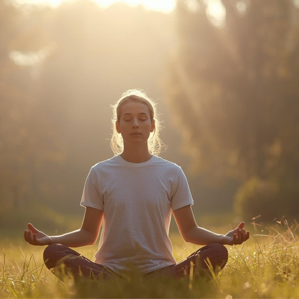 Person meditating in nature with soft sunlight for mindfulness, mental health, and holistic self-care.