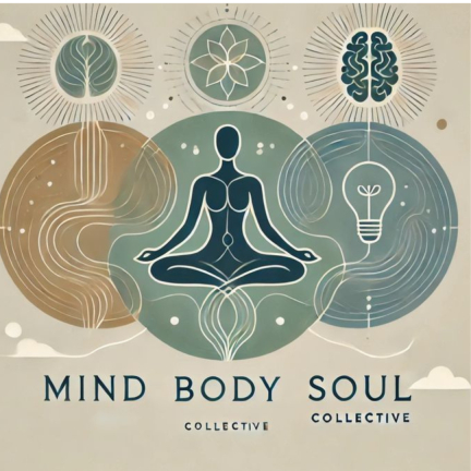 Mind Body & Soul holistic wellness illustration showing a person meditating with symbols representing mental, physical, and spiritual wellbeing.