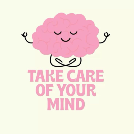 A cute pink brain illustration meditating with the text “Take care of your mind,” symbolizing mental health, mindfulness, and emotional wellbeing.