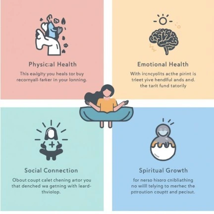 Infographic showing self-care areas including physical health, emotional health, social connection, and spiritual growth.